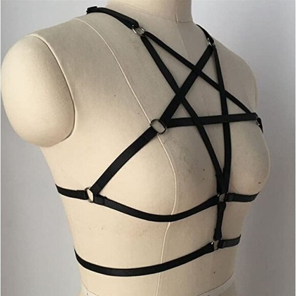 Halter Pentagram Body Harness Bra Caged Cupless Punk Gothic Strappy Bralette NWT - Picture 5 of 6